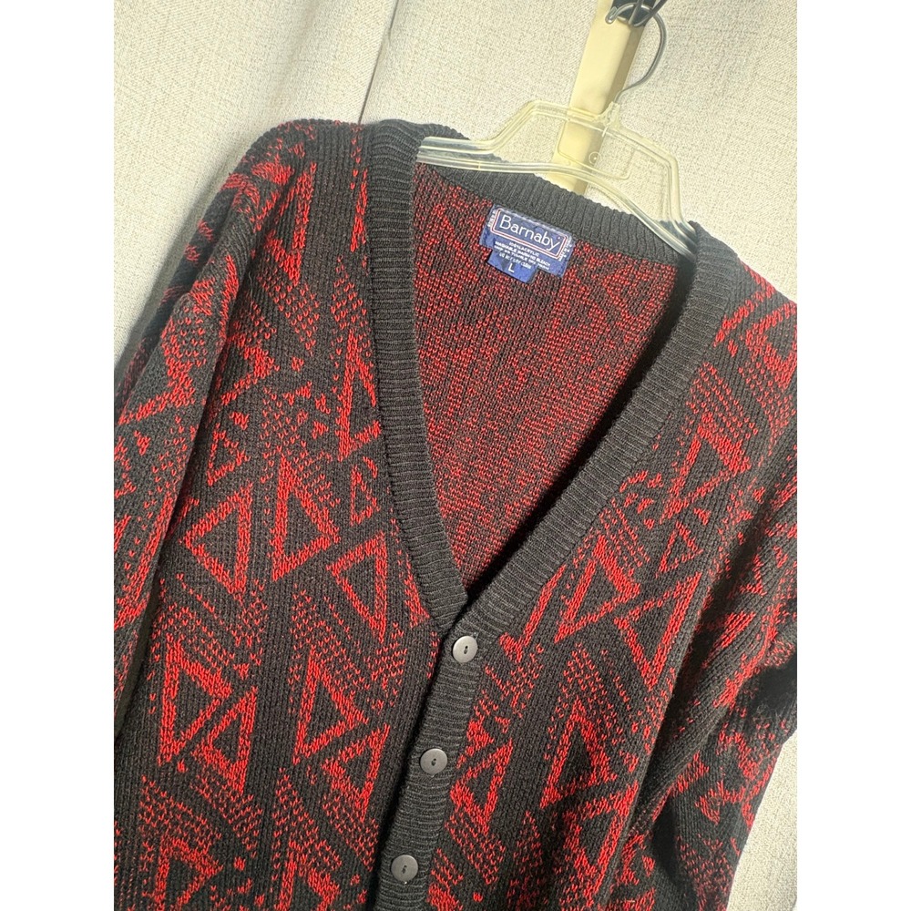 Barnaby Vintage Mens Cardigan Sweater Red Black Geometric Triangle Knit Large